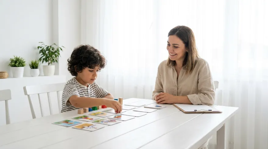 Kartlarla değerlendirme yapan çocuk ve uzman