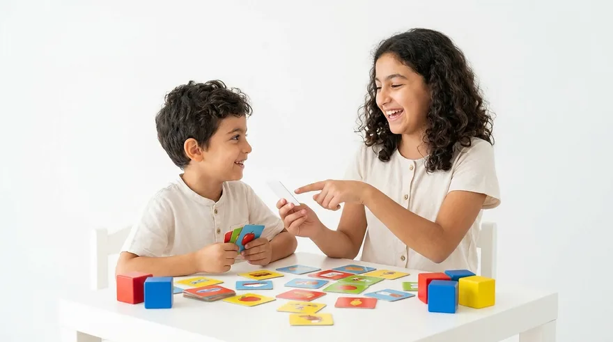 Kelime kartlarıyla oynayan iki çocuk