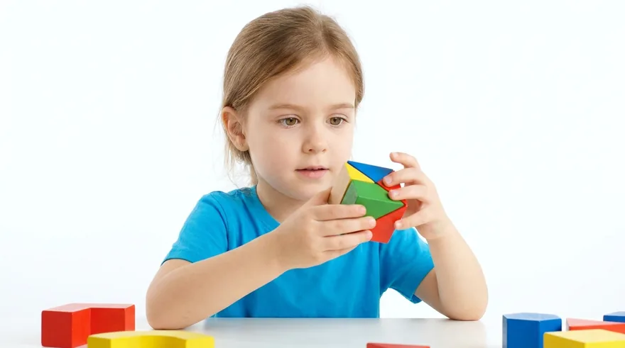 Üç boyutlu şekli inceleyen çocuk